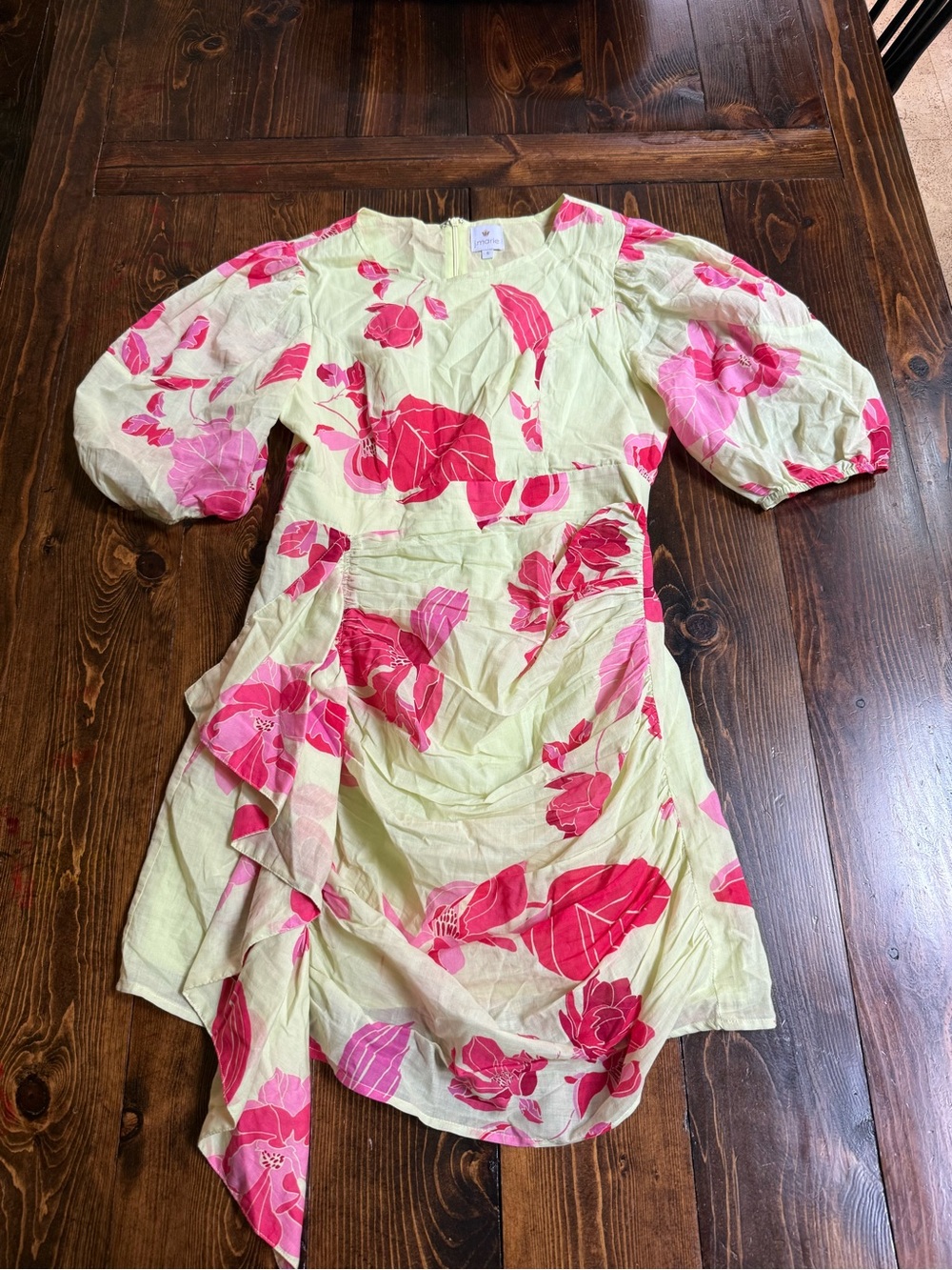 Floral Puff-Sleeve Mini Dress in Light Yellow with Pink Print